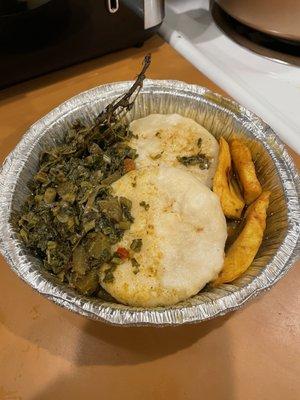 Callaloo, Boiled Dumpling & Plantains (Jamaican Breakfast)