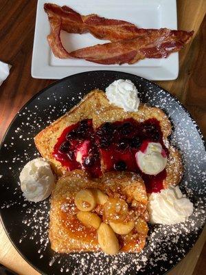 Bananas Foster and Lemon Blueberry French toast. You have to have a side of bacon!