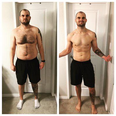 This is an incredible 1 year transformation from my client who was dedicated with his nutrition and workouts. He has lost over 75lbs.