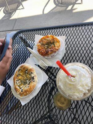 Blended chai, chicken and cheddar pastry, mushroom and cheddar pastry