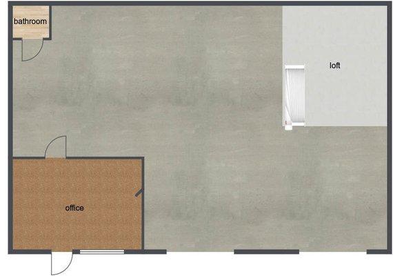 Floor plan of a 2300 ft. vacancy with office/bathroom, and overhead roll-up door.