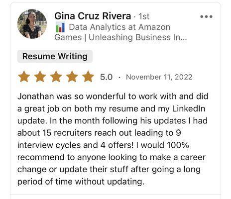 Gina celebrates 4 new job offers!