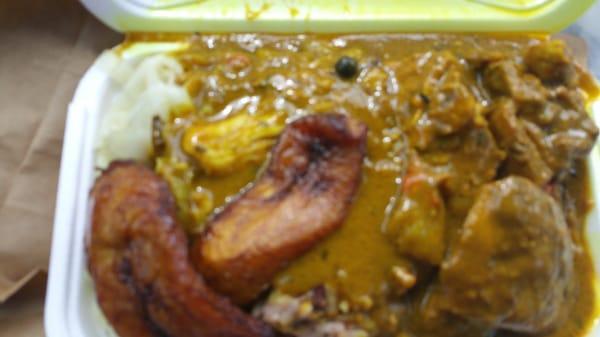 Curry lunch chicken rice b peas cabbage plantains 4.99