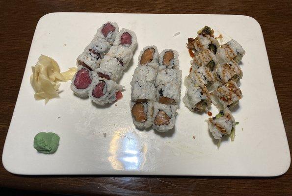 Tuna roll, salmon roll, eel roll