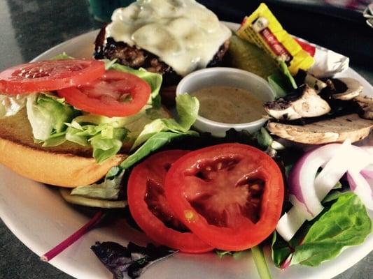 Jalapeño burger with pepper jack cheese & grilled jalapeños & side salad with house dressing for hubby