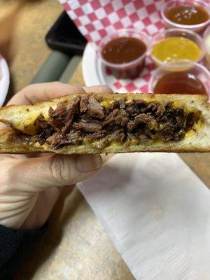 Inside the brisket grilled cheese