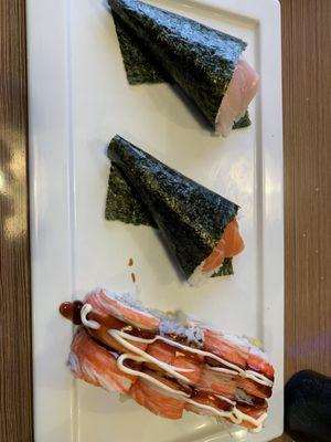 Salmon and Tuna hand rolls and Crazy Monkey Roll