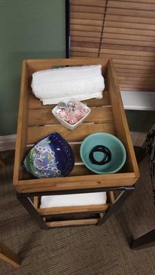 Hair bands, mints, chocolate, and jewelry dish.