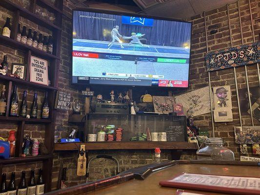 Indoor bar and tv- on a Tuesday afternoon, soccer and fencing was on the tvs. Very cool.