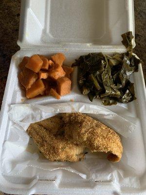 Catfish Dinner w/ yams and greens