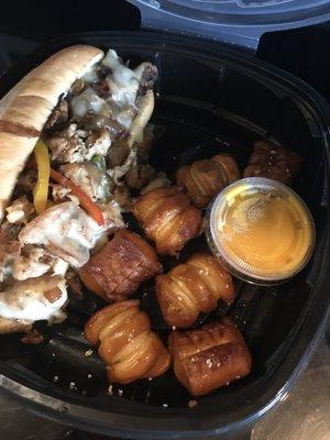 Chicken philly with pretzel bites