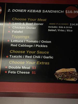 Doner sandwich menu a/o January 2025