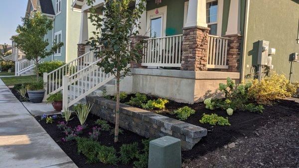 Stone wall in front of house with plantings and new tree