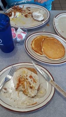 Country fried stake hash browns eggs and pan cakes.   7.99.