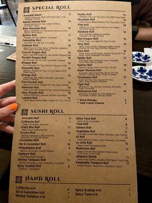 Sushi menu