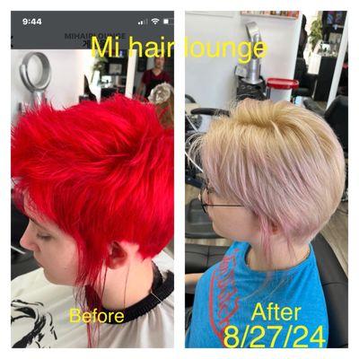 From hot red color to blonde. It took 3 hours to finish.