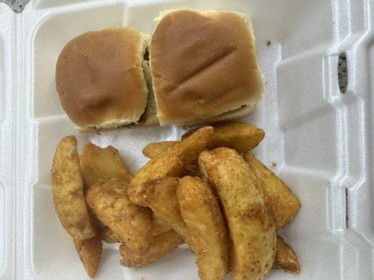 Krystal style mini burgers with wedge fries! This is so good!