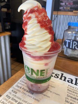 Dole whip with strawberry puree drizzle