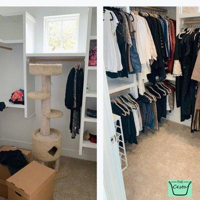 Before & After closet unpacking and organizing project.