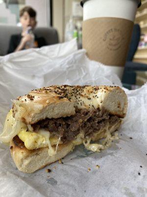 Bulgogi beef, egg and provolone bagel sandwich. The bagel was perfection for the sandwich.