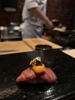 Wagyu with uni, caviar, and gold