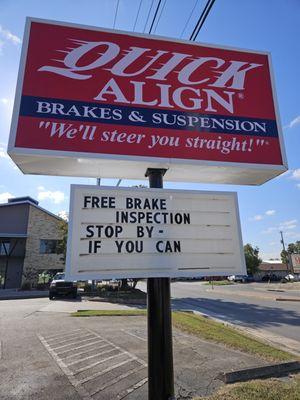 QuickAlign offers free brake inspections and has a lifetime warranty on brake pads