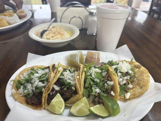 2 Steak tacos, 2 Baracoaca tocos, street corn, and agua fresca