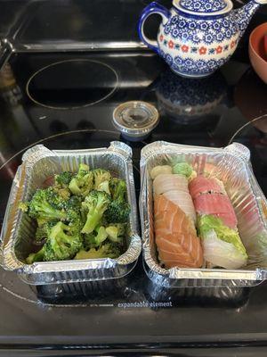 Broccoli with garlic and Rainbow Roll