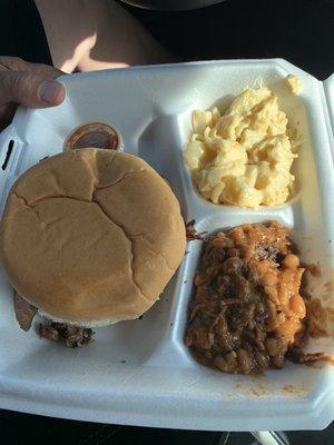 2 meat samich ... jalapeño cheese sausage & sliced brisket with Mac n Cheese & bakes beans