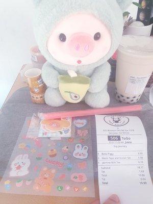 Washi tape & sticker set, Jasmine Milk Tea with boba, Boba Piggy plush, and today's receipt