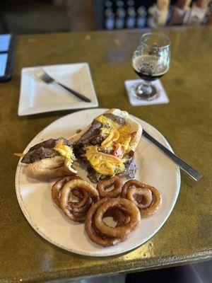 Primal beef with onion rings and Corruption by proxy! The best chocolate imperial stout!