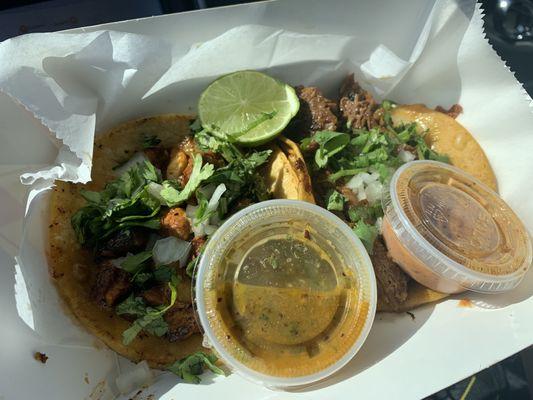 A perfect pair of tacos (al pastor and birria) from Cochinita Porky.