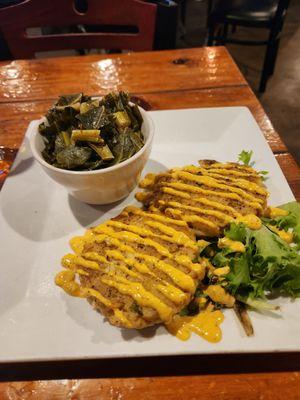 Local blue crab crabcakes and collards.