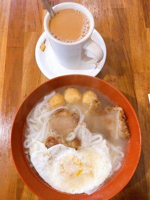 3 item noodle soup: pork chop fried egg fish balls Hong Kong Style Milk Tea