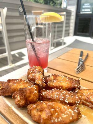 Salted caramel wings, lavender lemonade