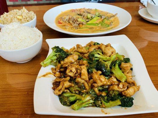 Chicken and Broccoli with Brown Sauce (front). Beef Red Curry (back).