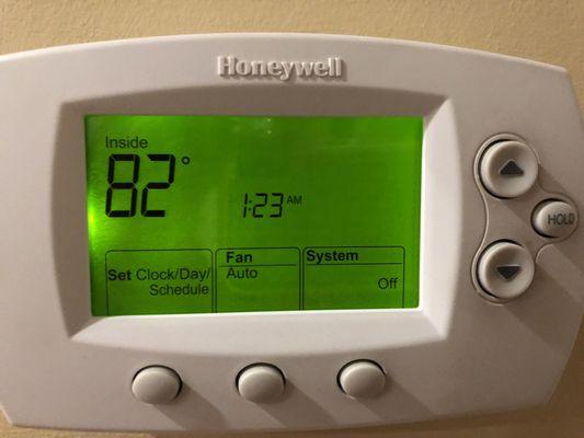 Inside temperature after the Casteel technician left from second visit. The temperature increased from 77 to 82 degrees.