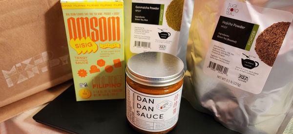 Sisig Mix ($13), Dan Dan sauce ($18) & Sugimoto Genmaicha and Hojicha powders ($42 each, 2/18/24)