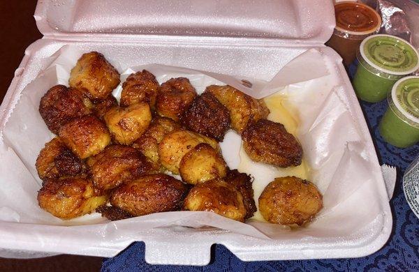 Fried Plantains - mushy texture (wish they were crispy on outside), but great flavor