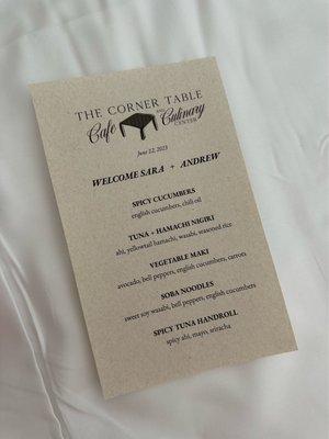 Custom menu created by Asher and Chef Todd