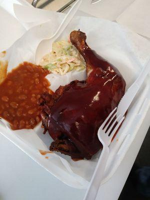 Smoked chicken quarters w cole slaw and baked beans