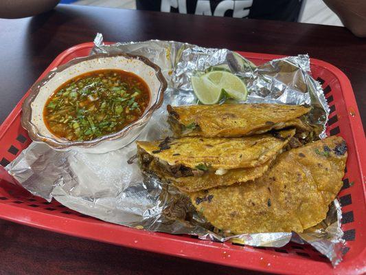 Quesabirrias beef with broth on the side