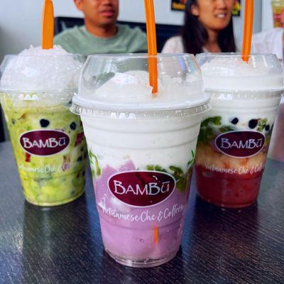 Left to right: smashed avocado chè, taro lover chè, and Bambu combo chè  IG: @fooddeclassified