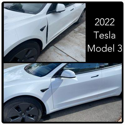 2022 Tesla Model 3 driver fender and driver front door replacement and blended the driver rear door.