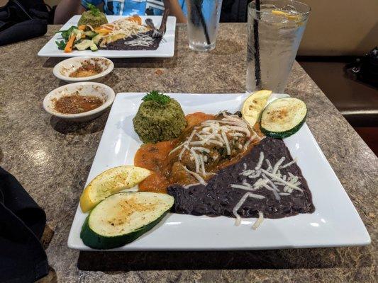 Vegan POBLANO RELLENO (bottom) and Vegan ENCHILADAS (top)