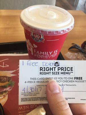 Complimentary frosty and coupon for a baked potato after the cashier had made an error