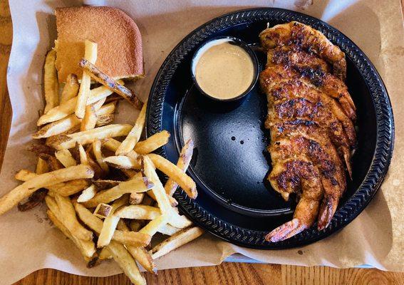 Shrimp on the BBQ with Fresh Cut Fries and Cornbread