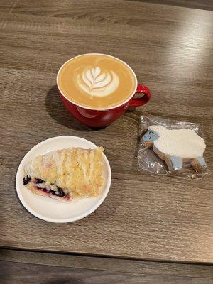 Blueberry lemon scone with a honey latte.