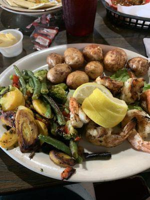 Grilled Shrimp,  Roasted Veggies, Baby Bakers