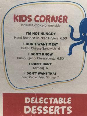 Kids menu